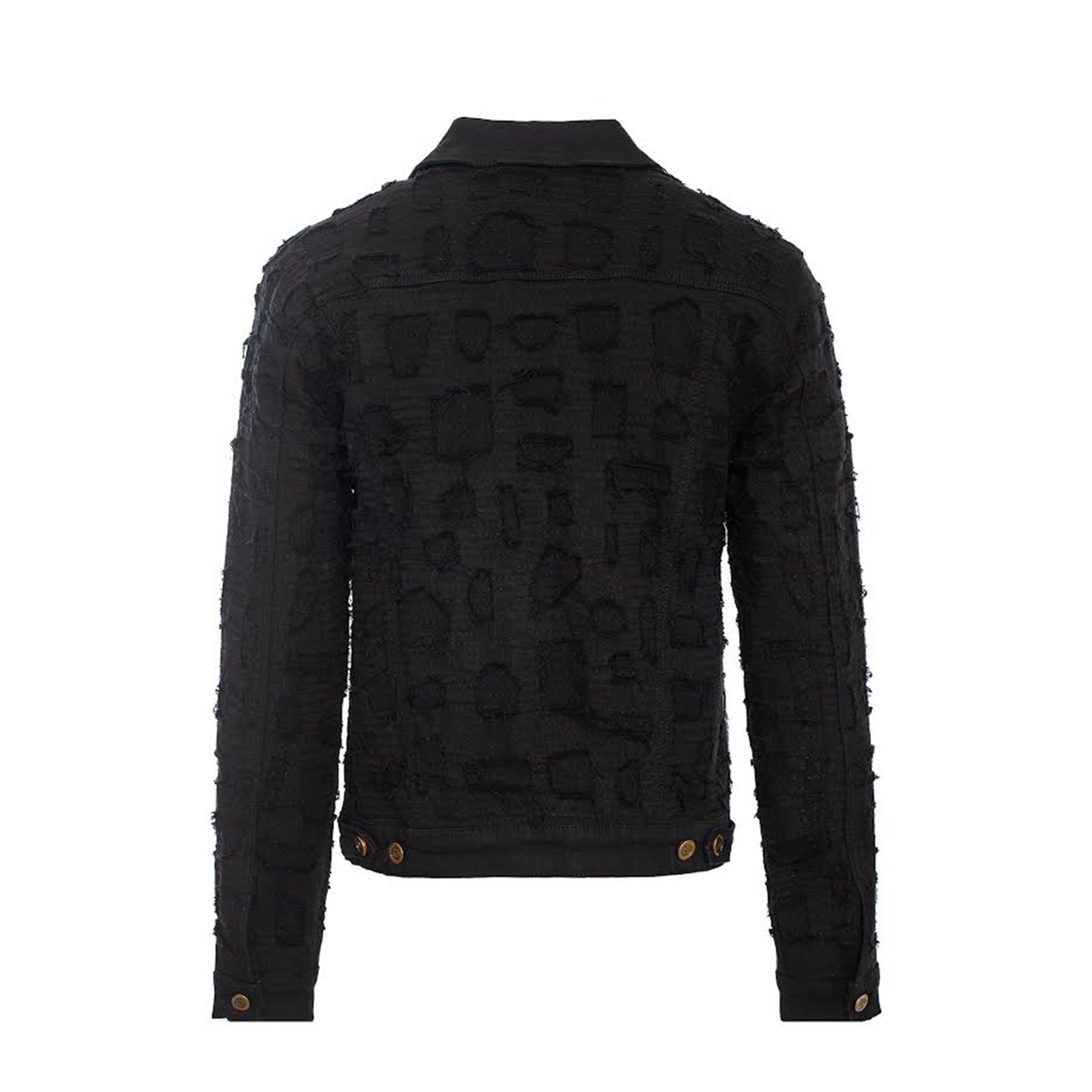 Patchwork Distressed Denim Jacket- CENTURY PENTHOUSE BLACK