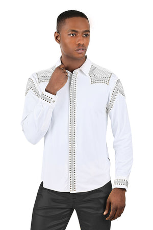 Experience rebel style & comfort with Bad Boy Studded long sleeve men's shirts in white/silver by BARABAS! | 3B24