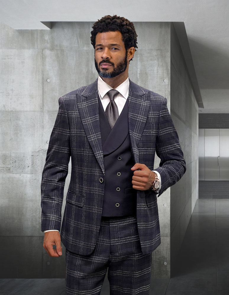 Statement 3Pc Plaid Suit Single Breasted 1 Button Peak Lapel With Solid Color Matching Vest. Super 200\'S Italian Wool & Cashmere. Modern Fit Flat Front Pants| AMALFI| EGGPLANT