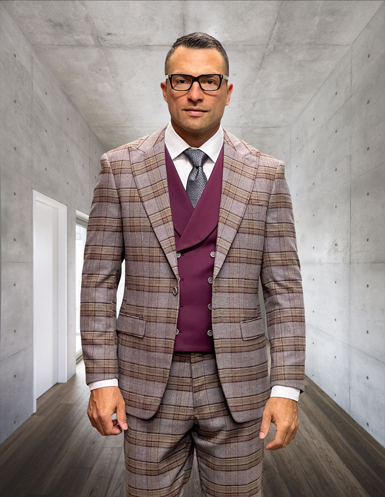 3Pc Sb 1 Peak Lapel Plaid Suit With Solid Color Matching Vest. Super 200\' Italian Wool And Cashmere| AMALFI| Indigo