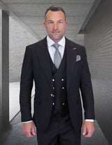 Men’s Black 3pc suit modern fit Italian Super 200’s wool flat front pants gold buttons STATEMENT SUITS AMIRI