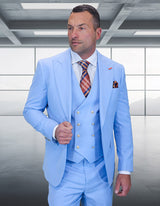 Men’s SkyBlue 3pc suit modern fit Italian Super 200’s wool flat front pants gold buttons STATEMENT SUITS AMIRI-SkyBlue
