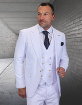 Men’s White 3pc suit modern fit Italian Super 200’s wool flat front pants gold buttons STATEMENT SUITS AMIRI