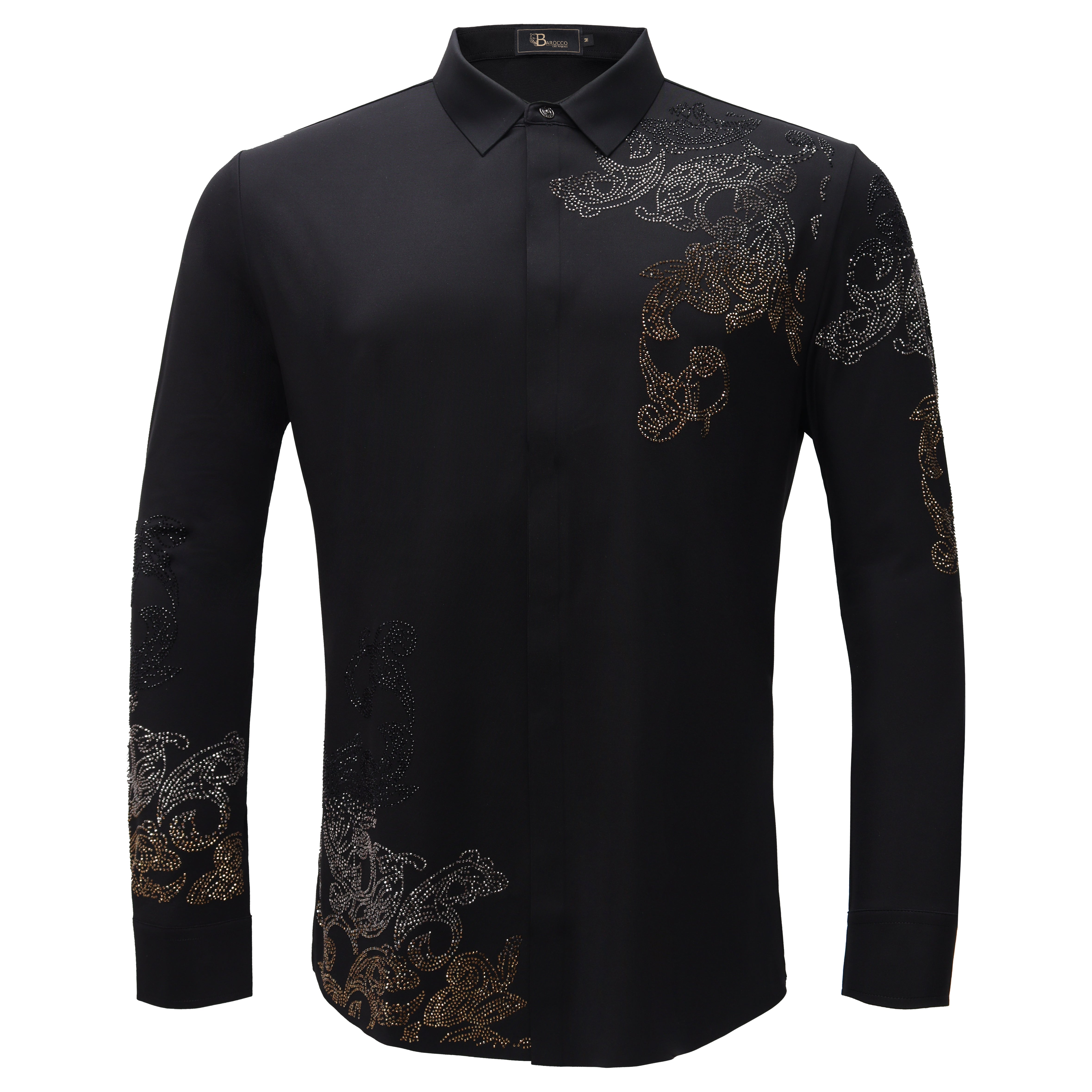 Floral Crystal Shirt-BLACK/GUN GOLD