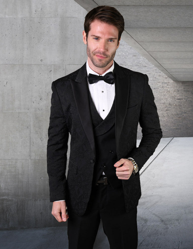 Men’s Black solid 3pc fancy tuxedo tailored fit double-breasted vest matching bow-tie STATEMENT SUITS BELAGIO10