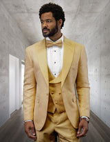Men’s Gold solid 3pc fancy tuxedo tailored fit double-breasted vest matching bow-tie STATEMENT SUITS BELAGIO16