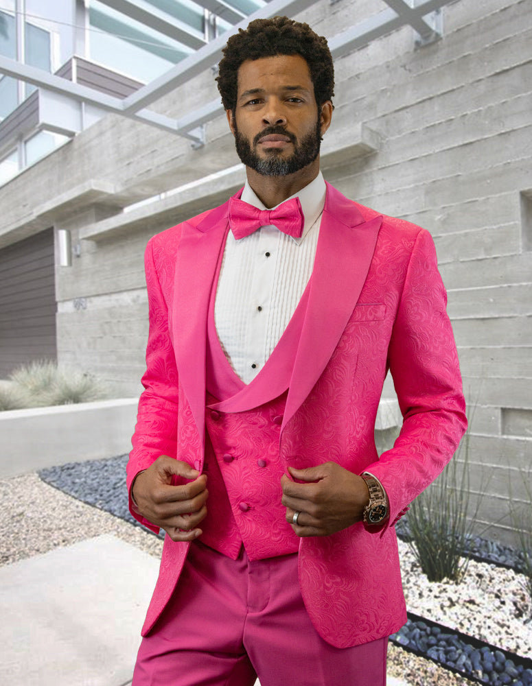 Men’s Hotpink solid 3pc fancy tuxedo tailored fit double-breasted vest matching bow-tie STATEMENT SUITS BELAGIO15