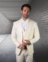 Men’s Off White solid 3pc fancy tuxedo tailored fit double-breasted vest matching bow-tie STATEMENT SUITS BELAGIO14