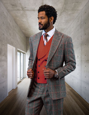 3pc Plaid Suit With Solid Color Contrast Double Breasted Vest.super 180's Italian Wool & Cashmere | BENSON| Copper