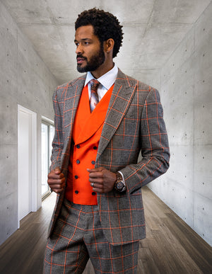 3pc Plaid Suit With Solid Color Contrast Double Breasted Vest.super 180's Italian Wool & Cashmere | BENSON| Coral