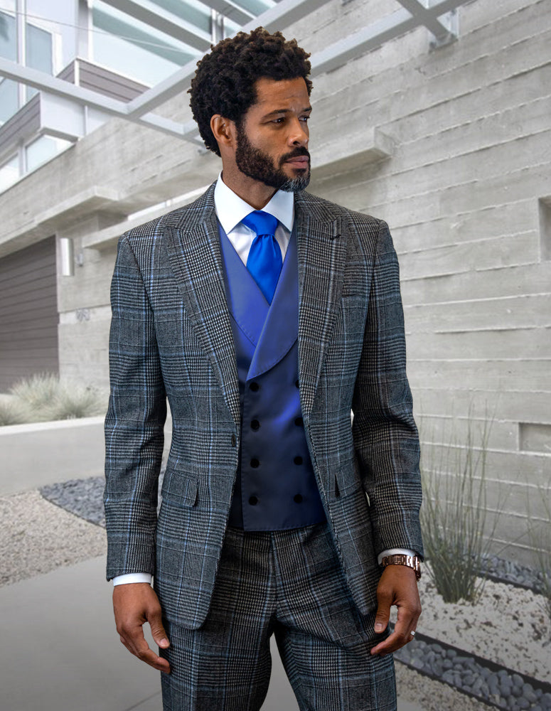 3pc Plaid Suit With Solid Color Contrast Double Breasted Vest.super 180's Italian Wool & Cashmere | BENSON| Indigo