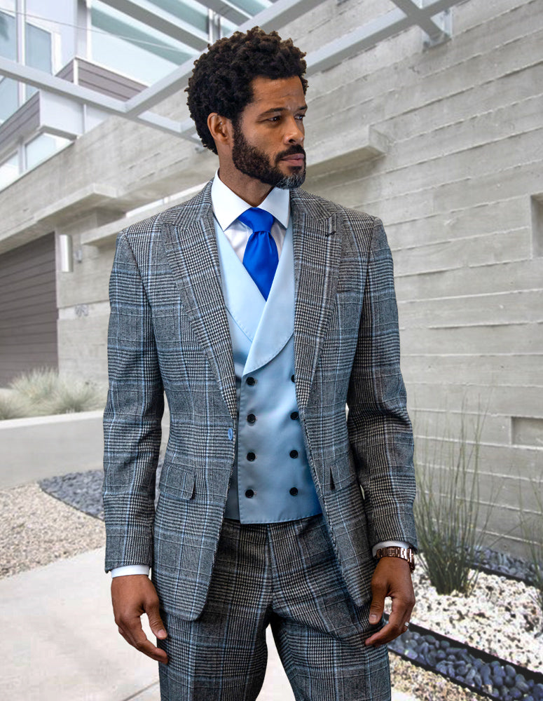 3pc Plaid Suit With Solid Color Contrast Double Breasted Vest.super 180's Italian Wool & Cashmere | BENSON| Powder