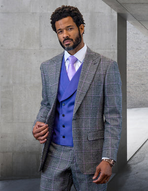 3pc Plaid Suit With Solid Color Contrast Double Breasted Vest.super 180's Italian Wool & Cashmere | BENSON| Purple