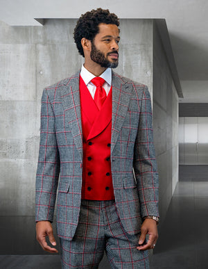 3pc Plaid Suit With Solid Color Contrast Double Breasted Vest.super 180's Italian Wool & Cashmere | BENSON| Red