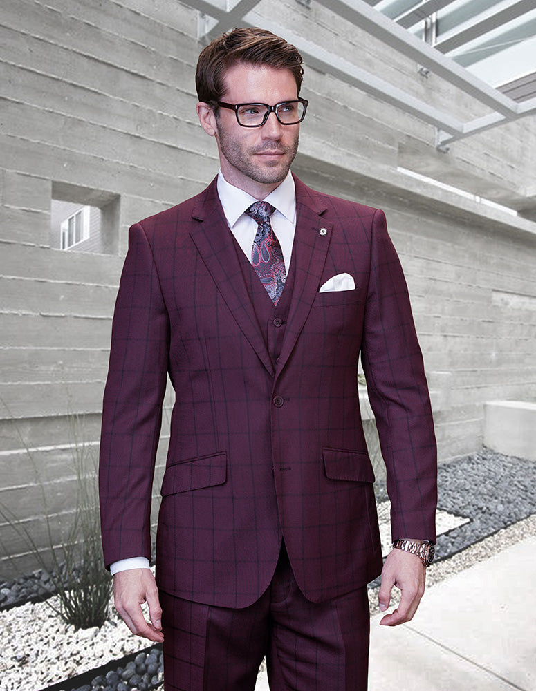 3pc Plaid Suits Super 200\'s Italian Wool And Cashmere. Modern Fit Flat Front Pants | BERGAMO| Burgundy