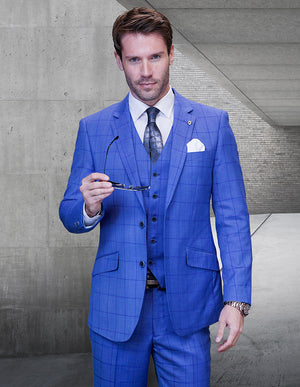 3pc Plaid Suits Super 200\'s Italian Wool And Cashmere. Modern Fit Flat Front Pants | BERGAMO| Sapphire