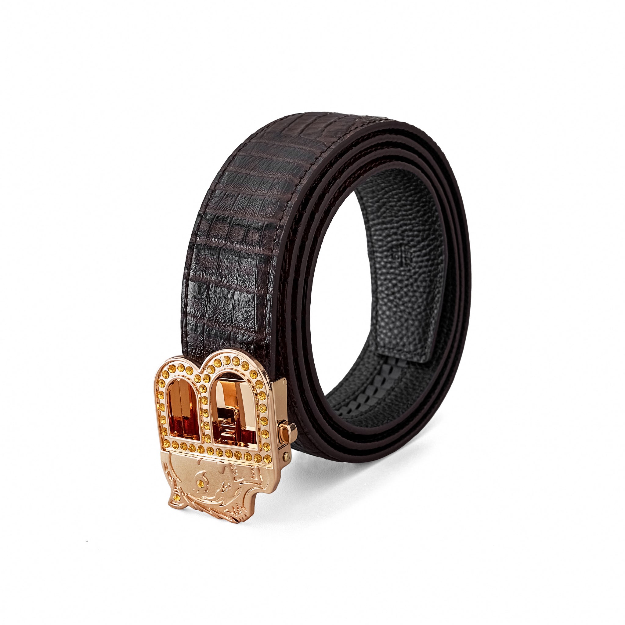 Croc-Embossed Leather Auto BKL Belt – Gold Edition GOLD/COFFEE