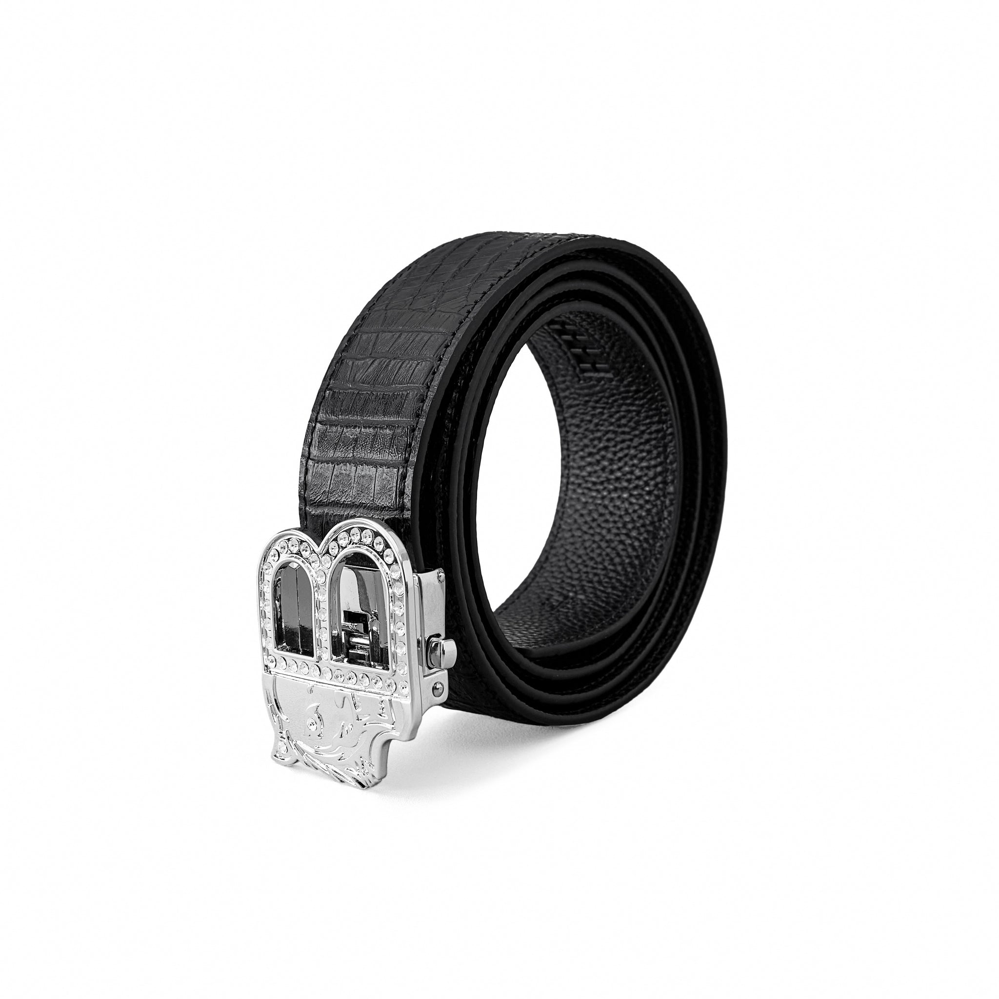 Croc-Embossed Leather Auto BKL Belt – Silver Ed. SILVER/BLACK