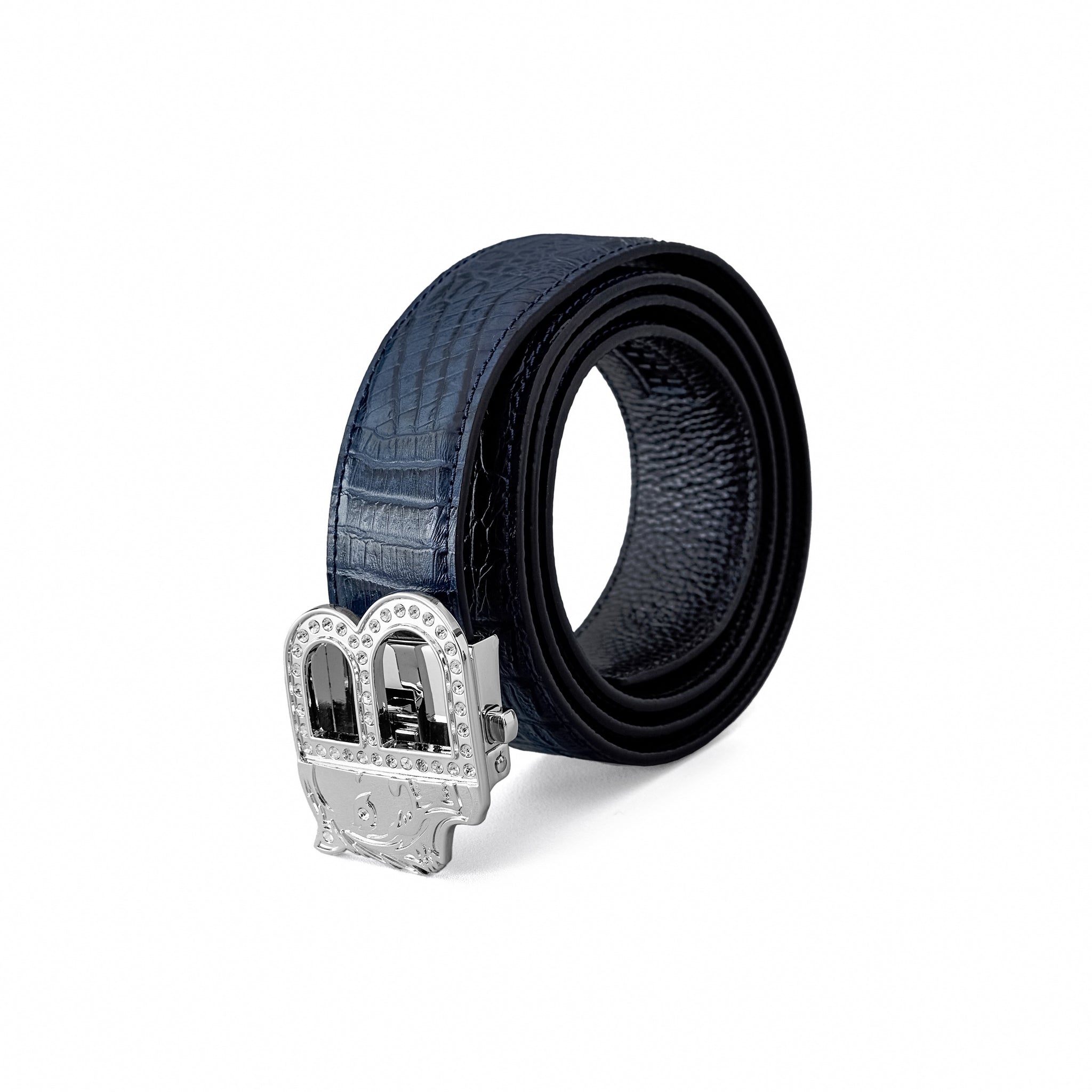 Croc-Embossed Leather Auto BKL Belt – Silver Ed. SILVER/NAVY