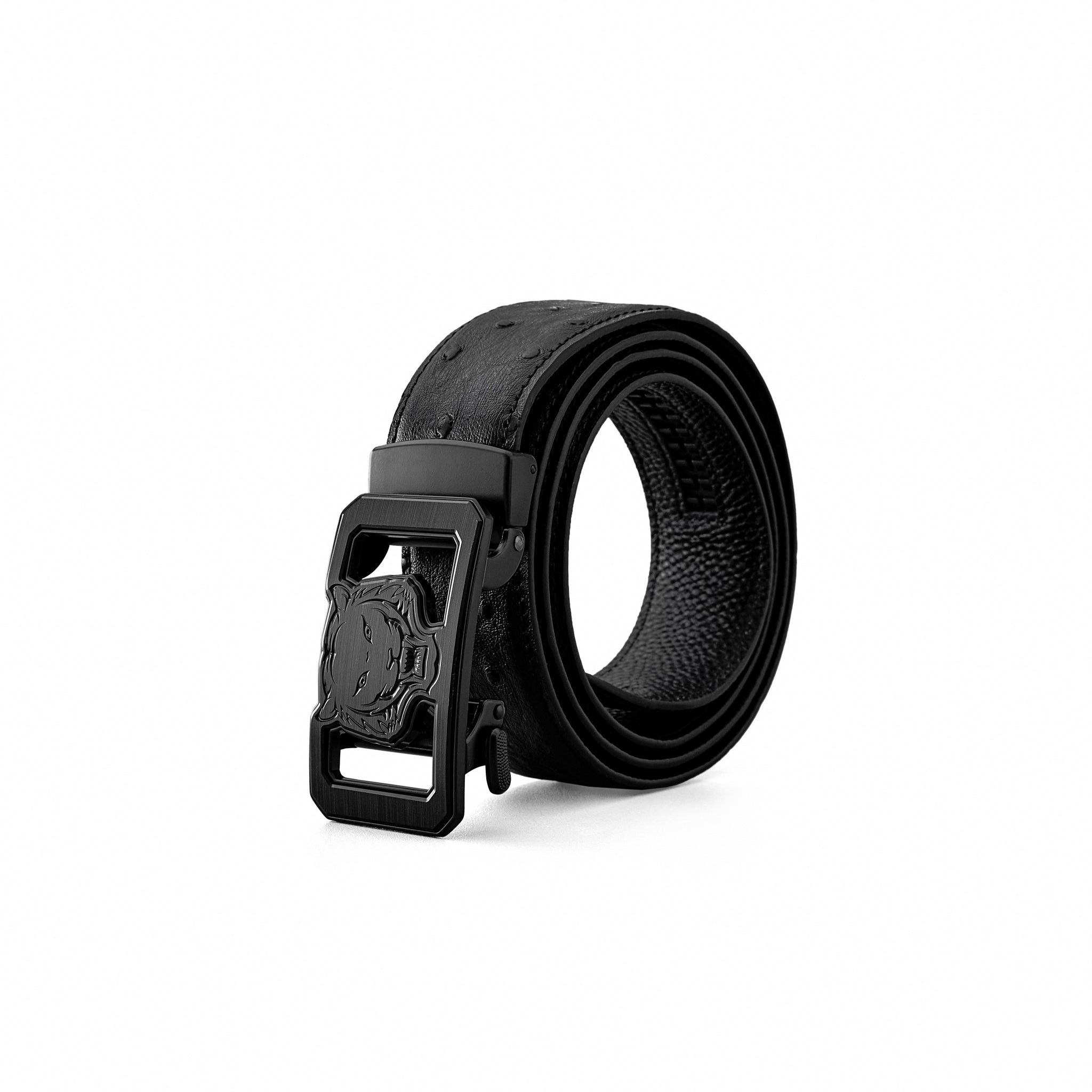 Ostrich-Emb. Leather Lion Auto BKL Belt – Blackout BLACK/BLACK