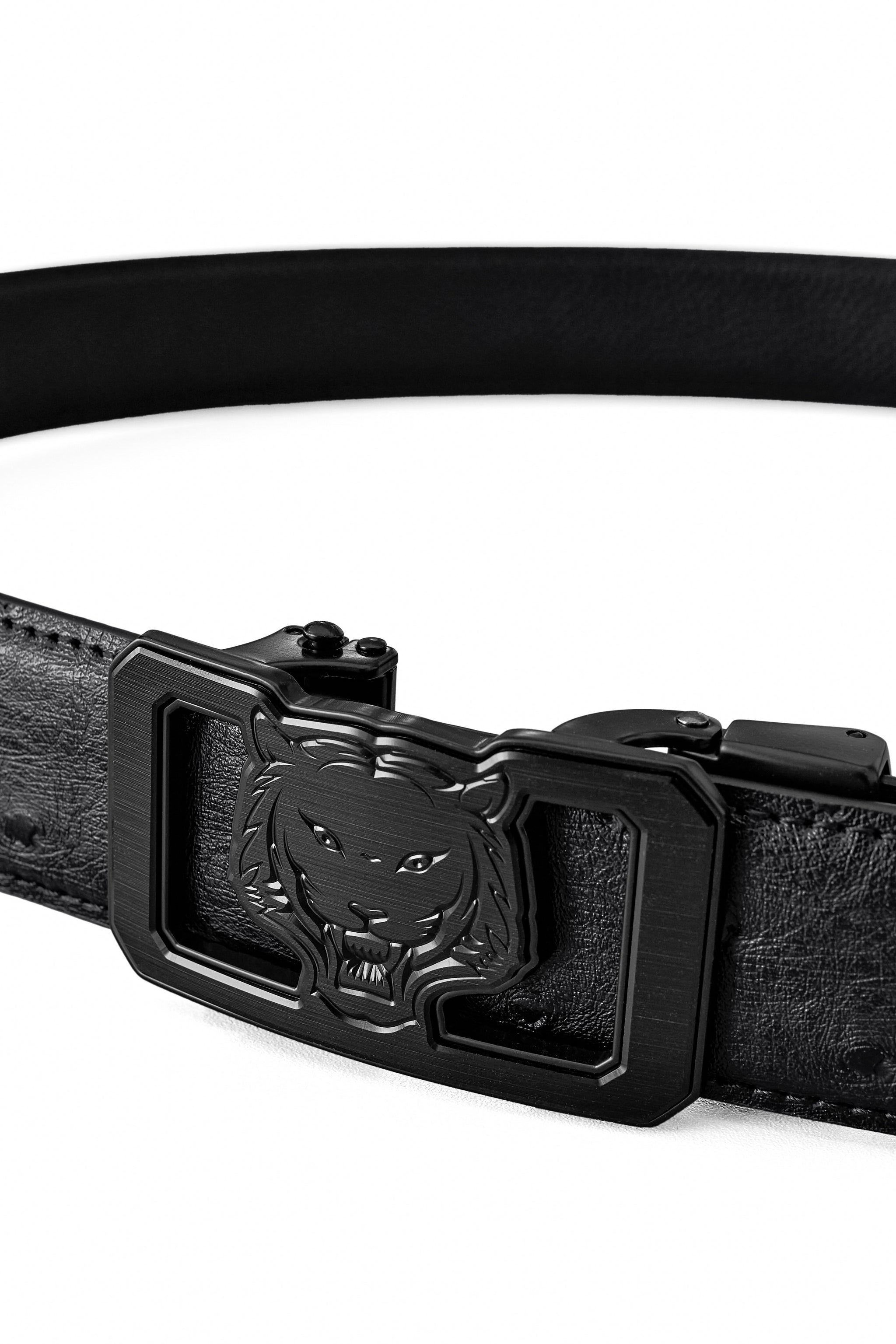 Ostrich-Emb. Leather Lion Auto BKL Belt – Blackout BLACK/BLACK