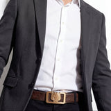 Ostrich-Emb. Leather Lion Auto BKL Belt – Gold Ed. GOLD/COFFEE