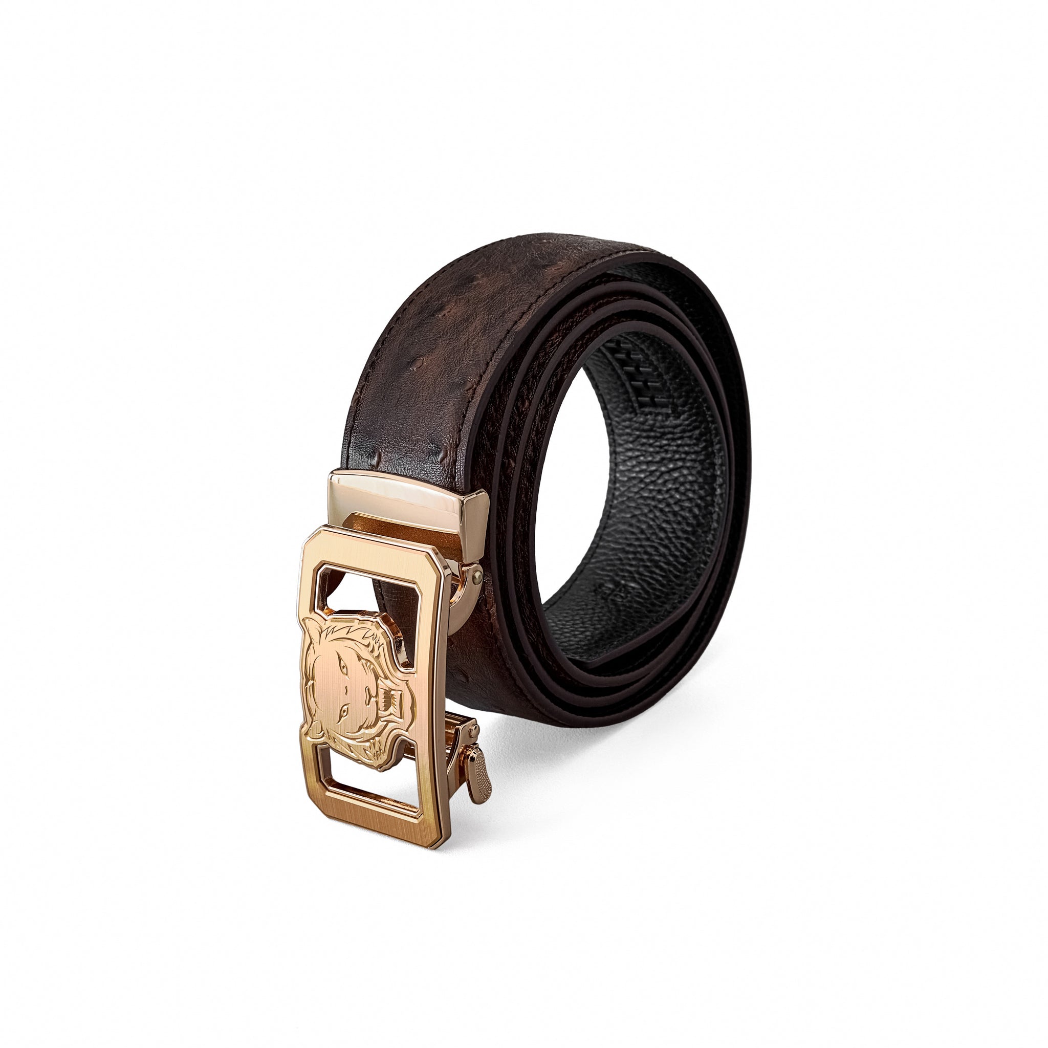 Ostrich-Emb. Leather Lion Auto BKL Belt – Gold Ed. GOLD/COFFEE