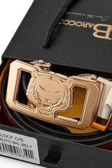 Ostrich-Emb. Leather Lion Auto BKL Belt – Gold Ed. GOLD/COFFEE