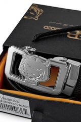 Pebbled Leather Lion Auto BKL Belt – Silver Ed. SILVER/BLACK