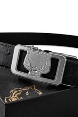 Ostrich Leather Lion Auto BKL Belt – Silver Ed. SILVER/BLACK