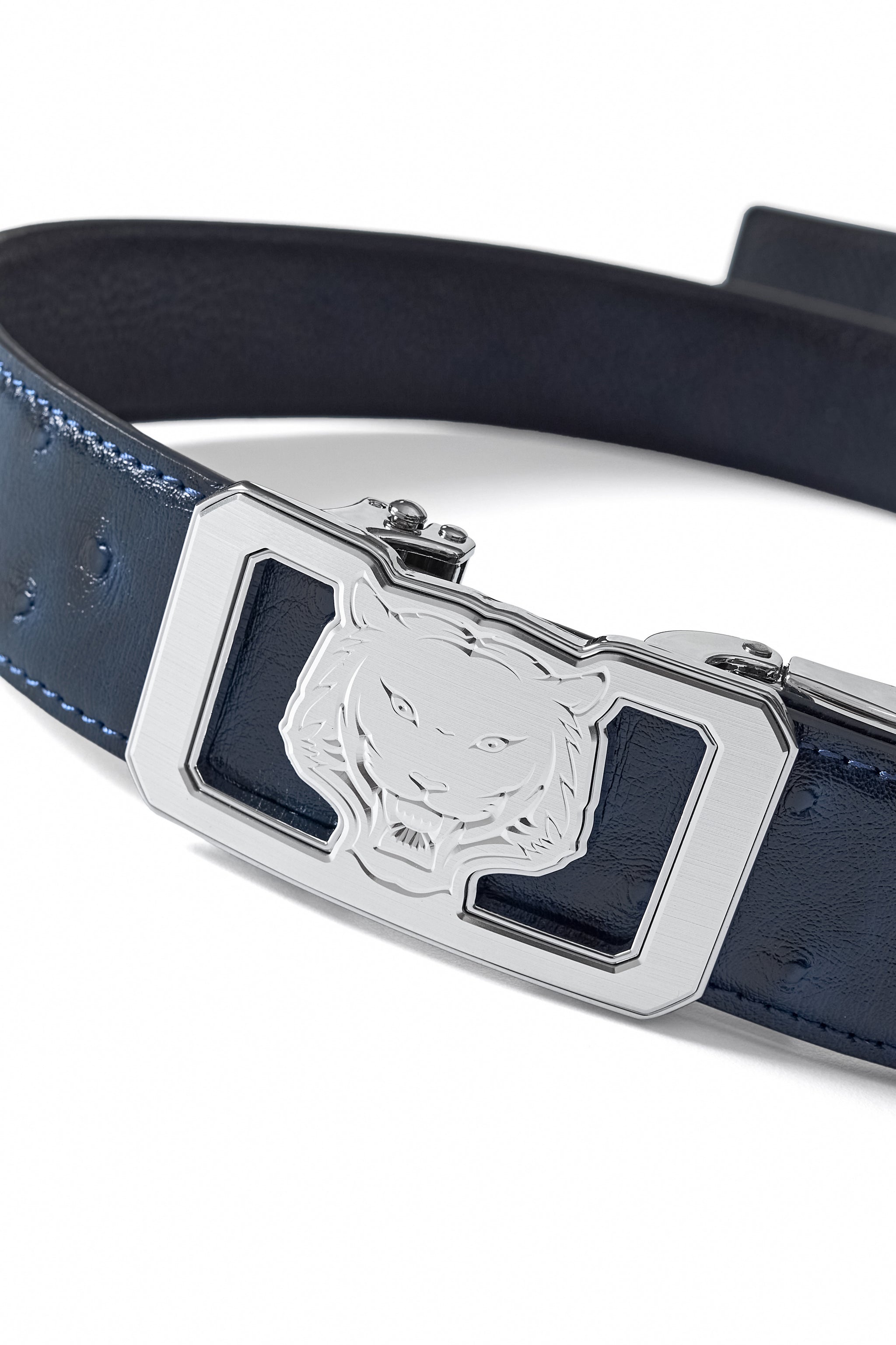 Ostrich-Embossed Leather Lion Auto BKL Belt – Silv SILVER/NAVY