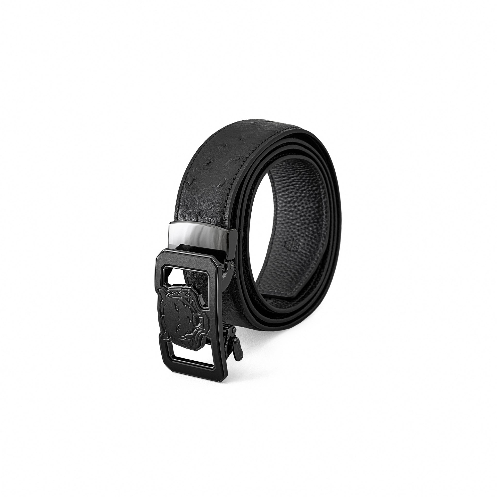 Ostrich-Emb Leather Lion Auto BKL Belt – Gunmetal GUN/BLACK