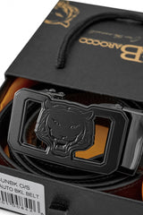 Ostrich-Emb Leather Lion Auto BKL Belt – Gunmetal GUN/BLACK