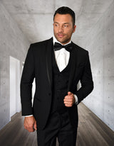 Men’s Black solid 3pc suit tailored fit flat front pants matching bow-tie STATEMENT SUITS CAESAR