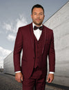 Men’s Burgundy solid 3pc suit tailored fit flat front pants matching bow-tie STATEMENT SUITS CAESAR