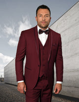 Men’s Burgundy solid 3pc suit tailored fit flat front pants matching bow-tie STATEMENT SUITS CAESAR