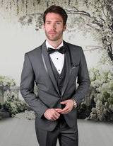 Men’s Charcoal solid 3pc suit tailored fit flat front pants matching bow-tie STATEMENT SUITS CAESAR