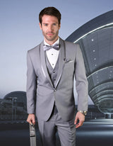 Men’s Grey solid 3pc suit tailored fit flat front pants matching bow-tie STATEMENT SUITS CAESAR