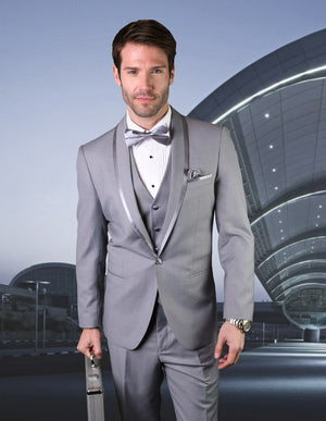 3 Pc Flat Front Pants With Matching Bow Tie| CAESAR| Grey