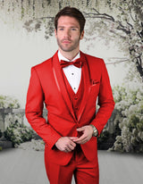 Men’s red solid 3pc suit tailored fit flat front pants matching bow-tie STATEMENT SUITS CAESAR