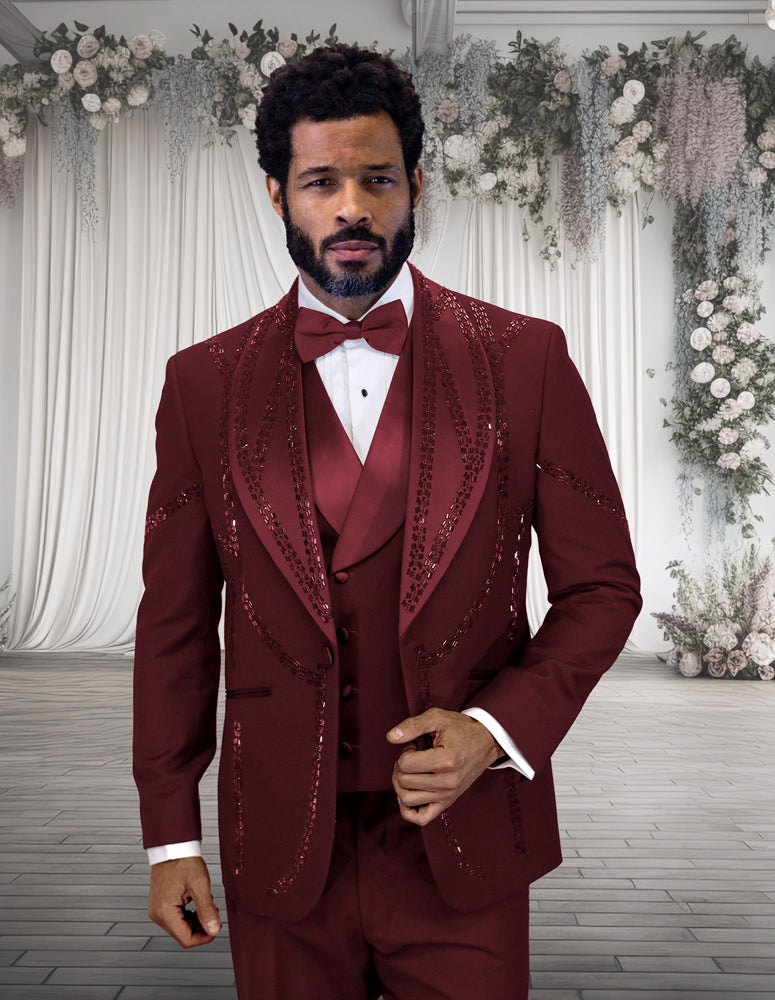 Men’s Burgundy 3pc tuxedo Italian wool modern fit flat front pants stone embellishments STATEMENT SUITS CHIC