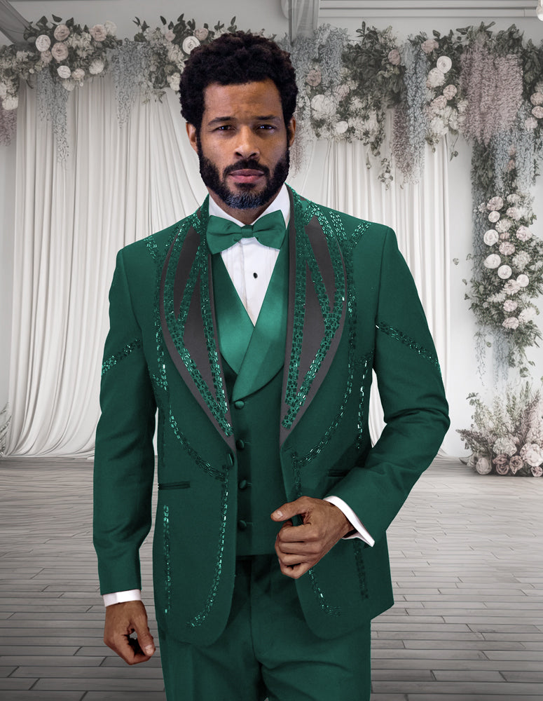 Men’s Hunter 3pc tuxedo Italian wool modern fit flat front pants stone embellishments STATEMENT SUITS CHIC