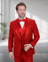 Men’s Red 3pc tuxedo Italian wool modern fit flat front pants stone embellishments STATEMENT SUITS CHIC