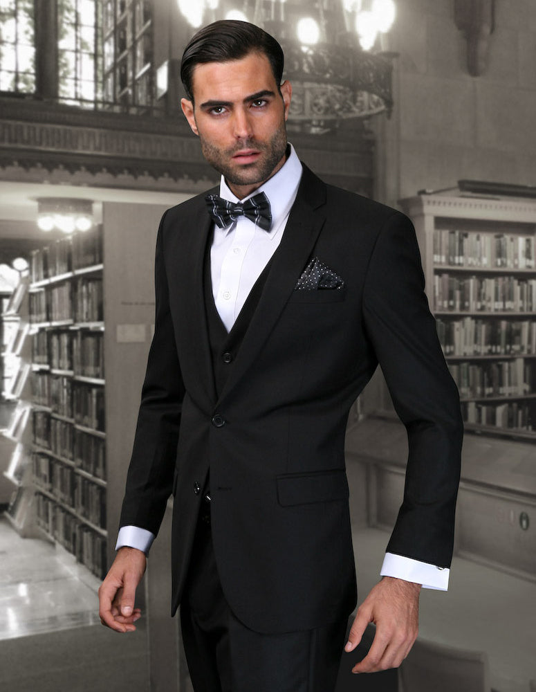 Men’s Black 3pc suit ultra slim fit super 150’s italian wool STATEMENT SUITS CORTA