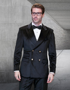 2pc Velvet Italian Double Breasted Suit With Gold Buttons. Modern Fit| DB-VELVET| Black