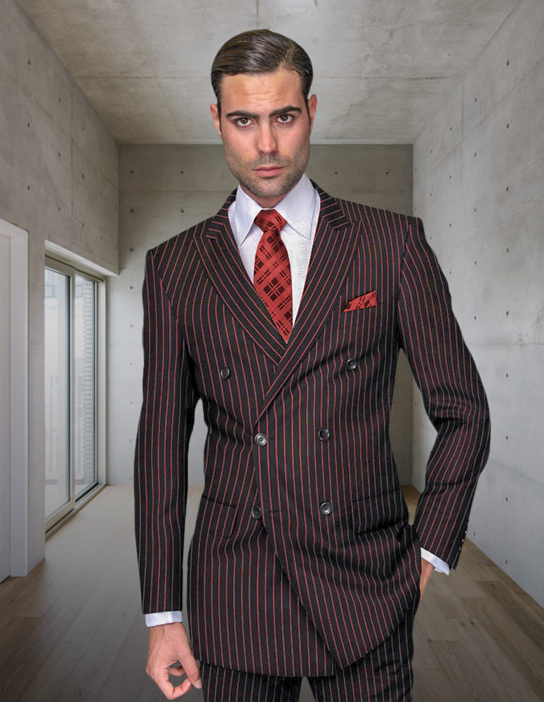 Men’s B-Red pinstripe double-breasted suit regular fit pleated pants super 150’s italian wool STATEMENT SUITS DB-ZARELLI