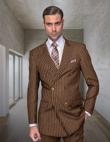 Men’s Bronze pinstripe double-breasted suit regular fit pleated pants super 150’s italian wool STATEMENT SUITS DB-ZARELLI