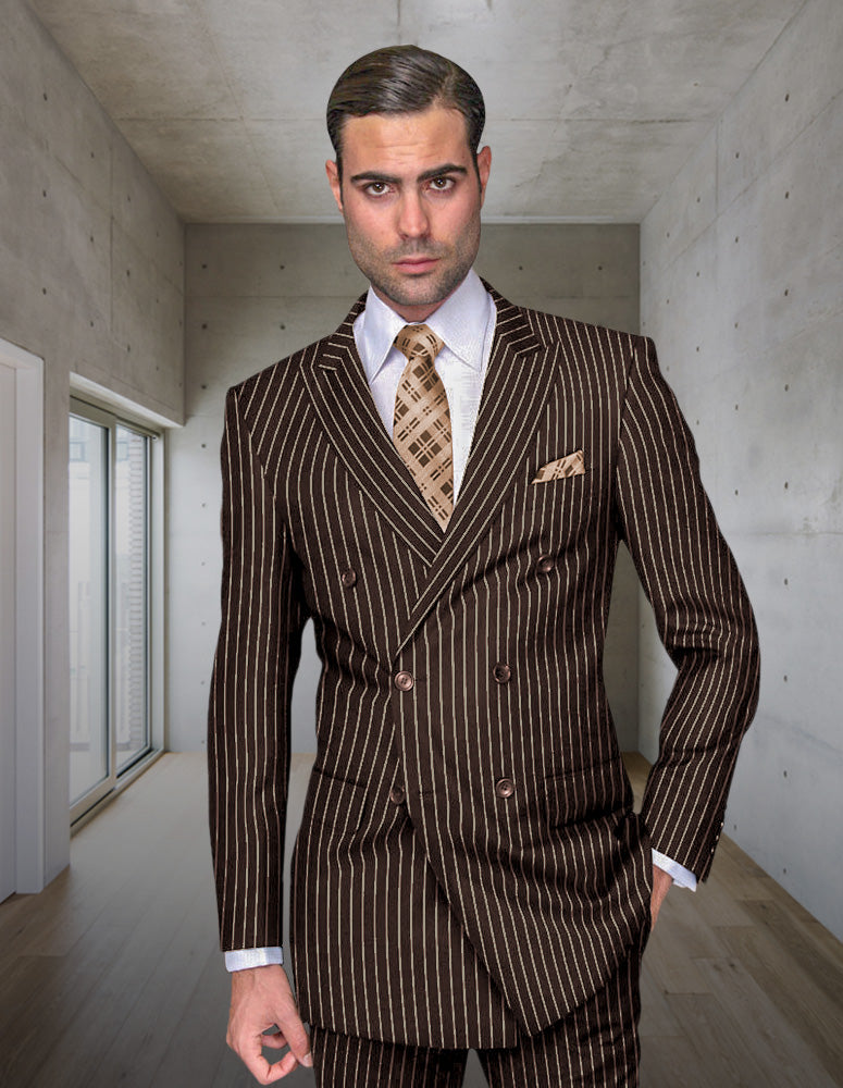 Men’s Brown pinstripe double-breasted suit regular fit pleated pants super 150’s italian wool STATEMENT SUITS DB-ZARELLI