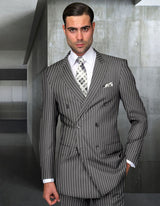 Men’s Gray pinstripe double-breasted suit regular fit pleated pants super 150’s italian wool STATEMENT SUITS DB-ZARELLI