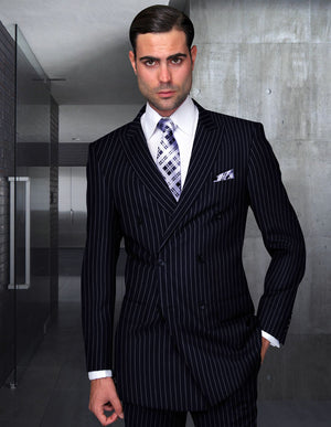 2pc Black Bold Pinstripe Double Breasted Suit. Super 180's Italian Wool Fabric| DB-ZARELLI| Navy